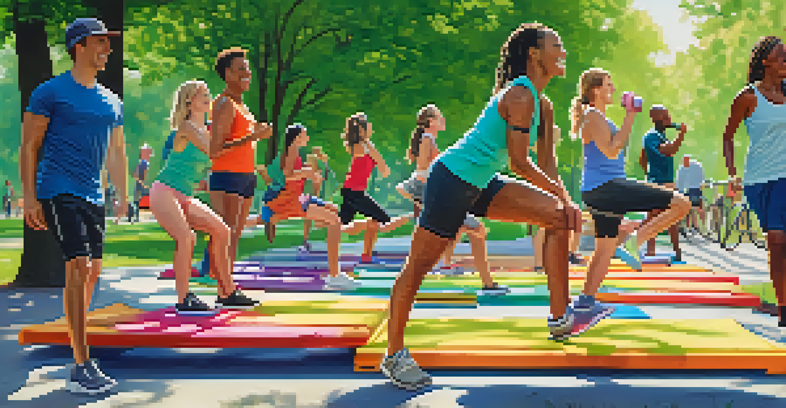 A group of friends exercising together in a park, surrounded by greenery and colorful mats.