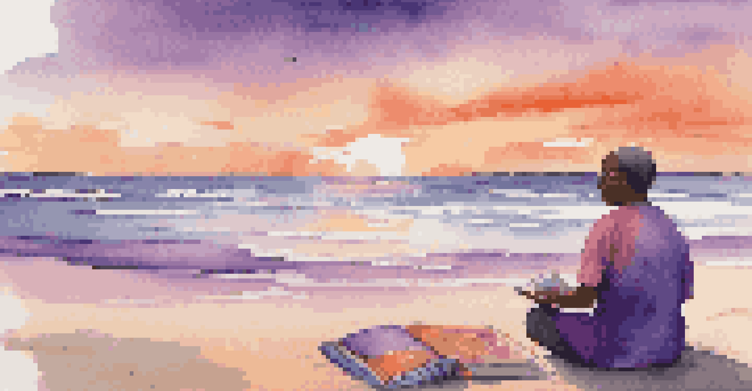 A person meditating on a beach during sunset, surrounded by personal items, with vibrant sky colors reflecting on the water.