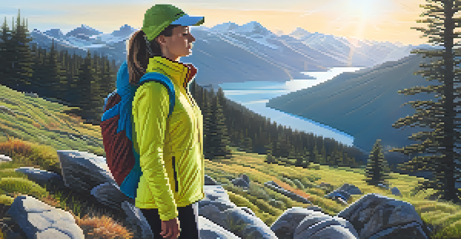 A person putting on a fleece jacket in a mountainous area, surrounded by trees and snow-capped peaks, with bright sunlight.