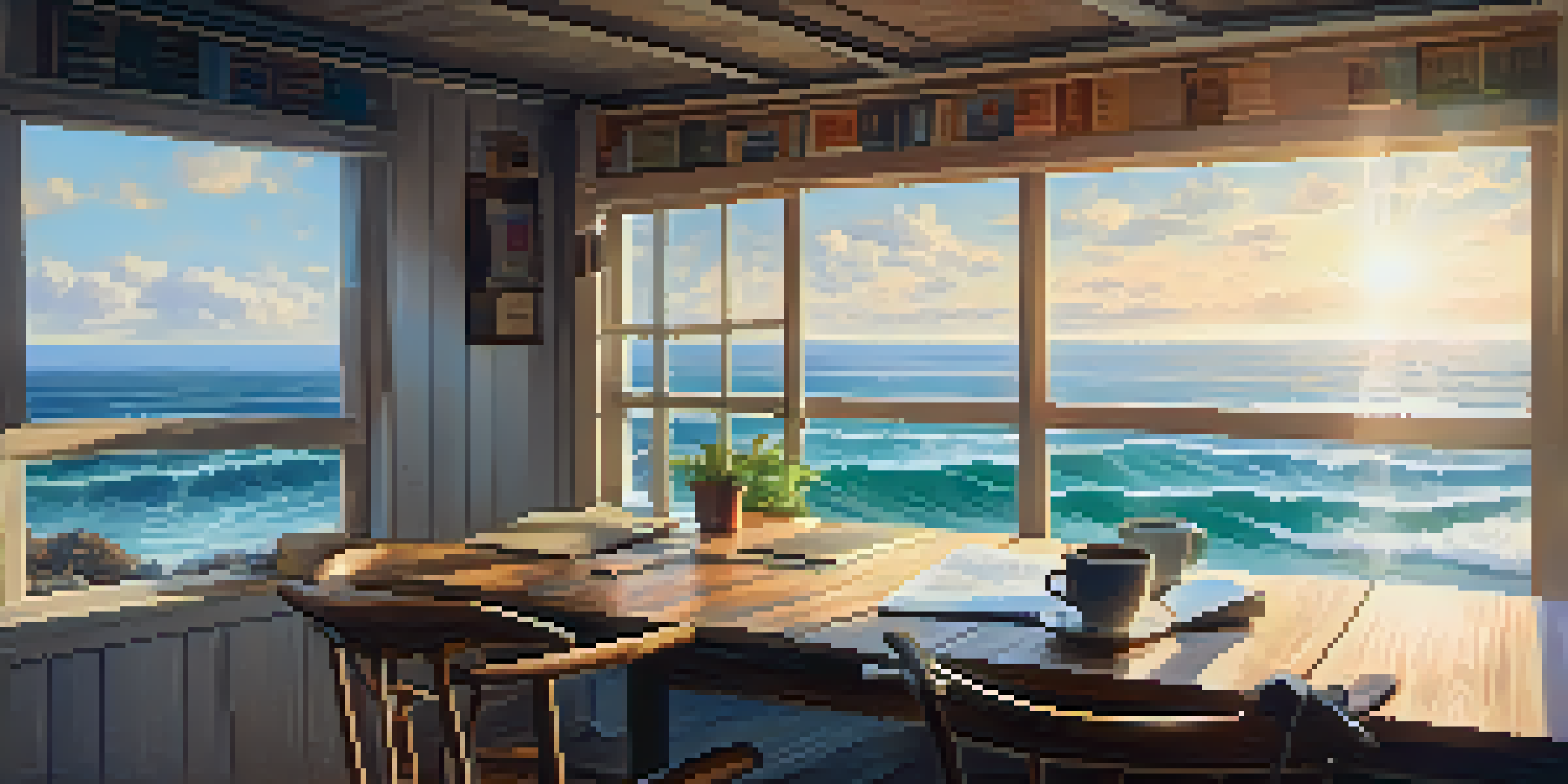 A bright and cozy workspace in a café with a laptop and coffee, overlooking the ocean.