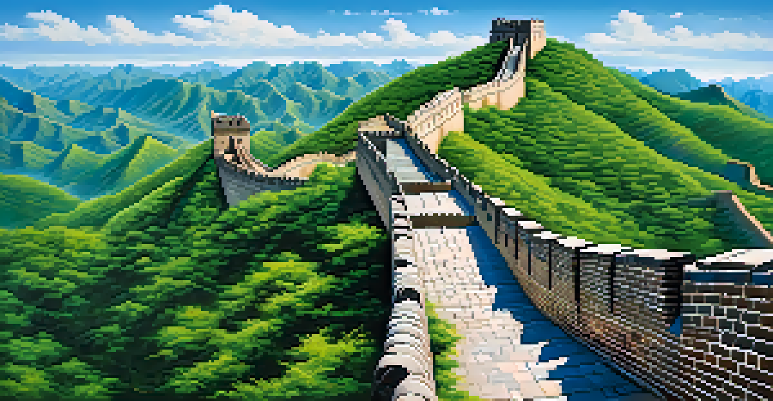 The Great Wall of China stretching over mountainous terrain on a clear day, showcasing ancient stones and lush greenery.