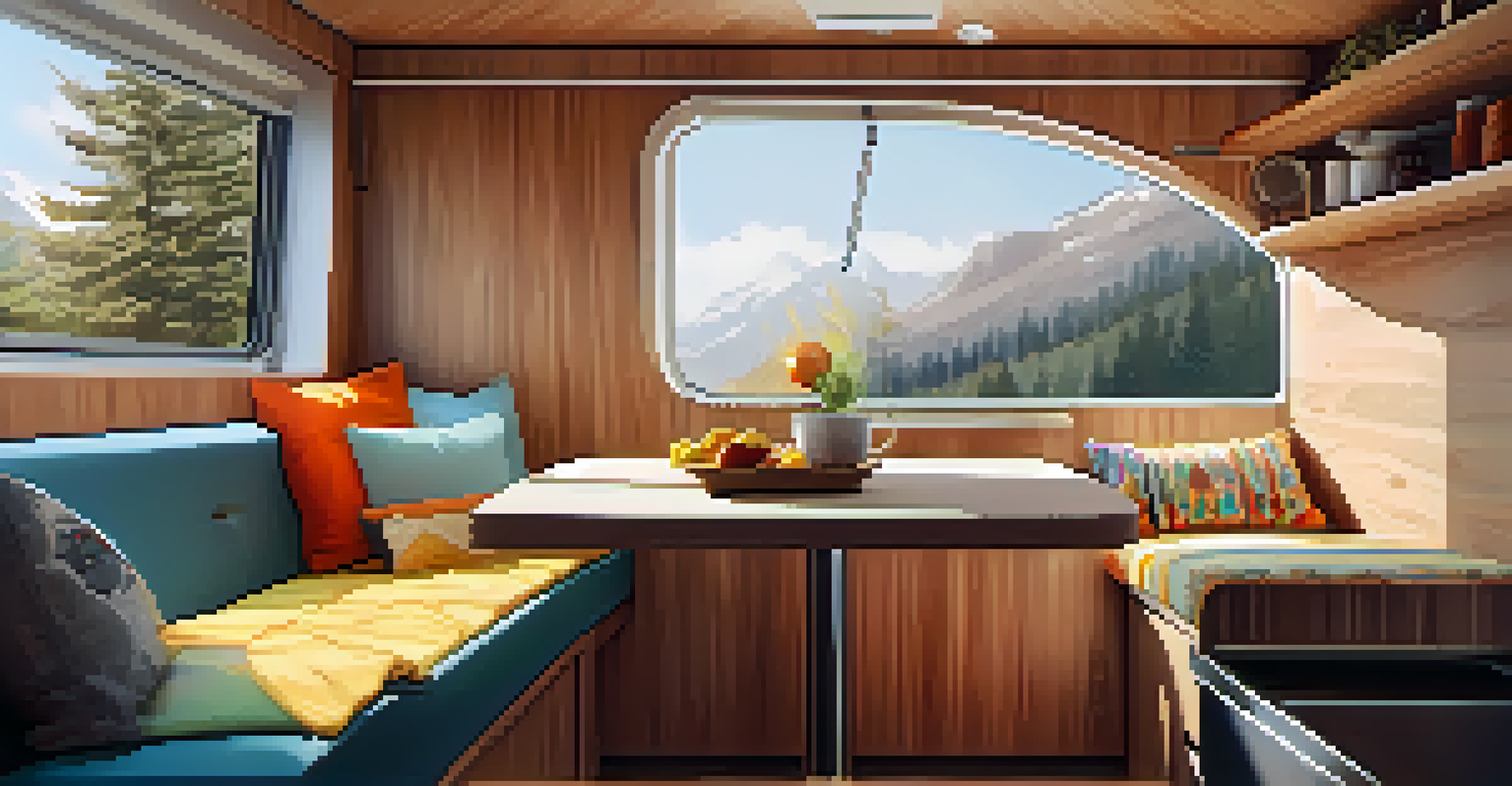 The interior of a converted van showing a cozy living space with a kitchen and a bed.