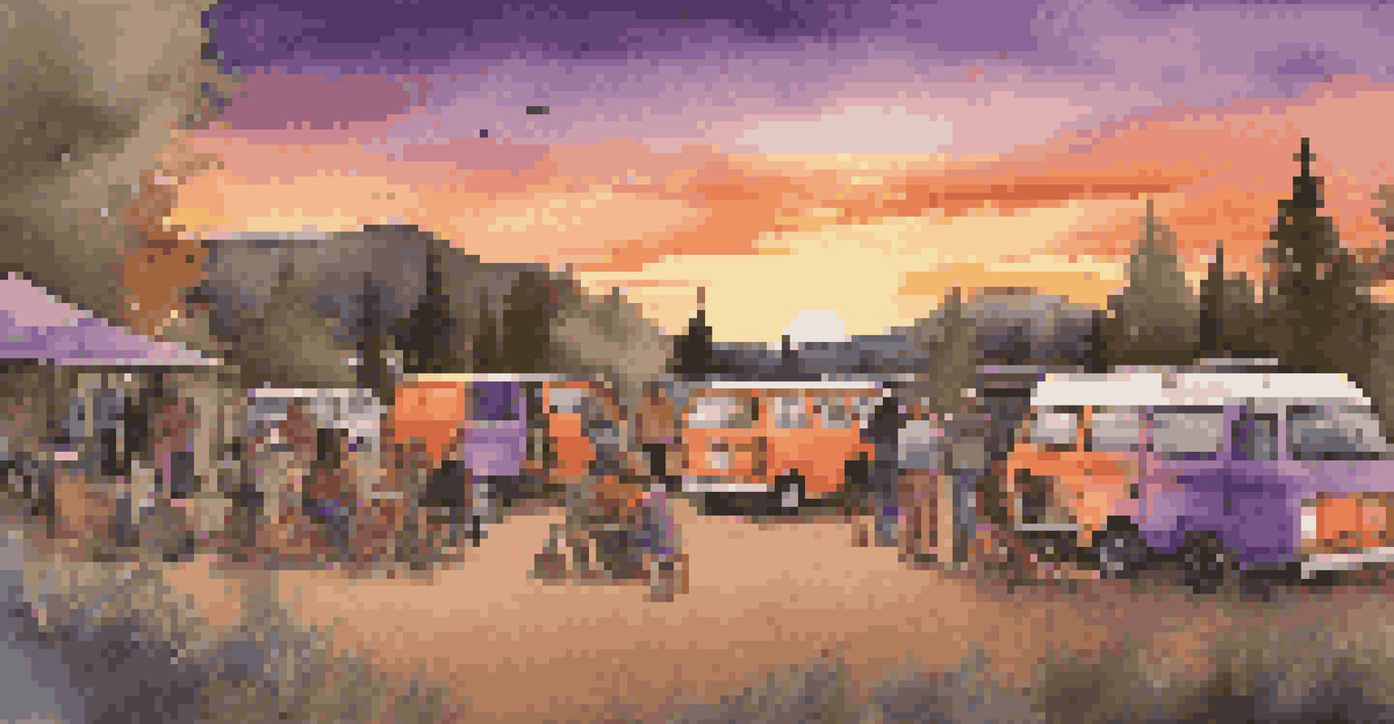A group of van lifers gathered around a campfire at sunset, with colorful vans in a circle and a vibrant sky.