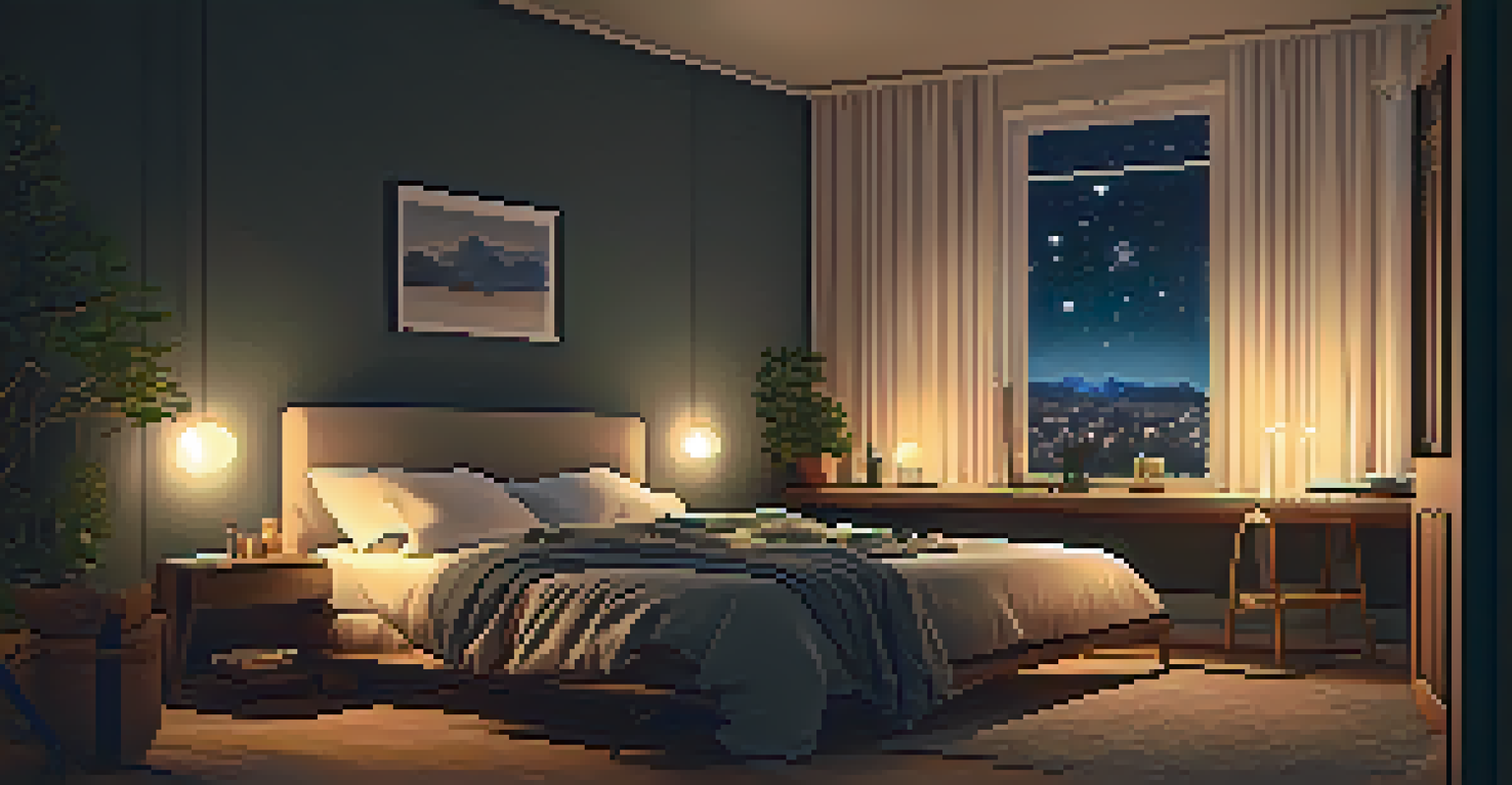 A peaceful bedroom at night with a cozy bed, soft lighting, and a view of a starry sky through the window.