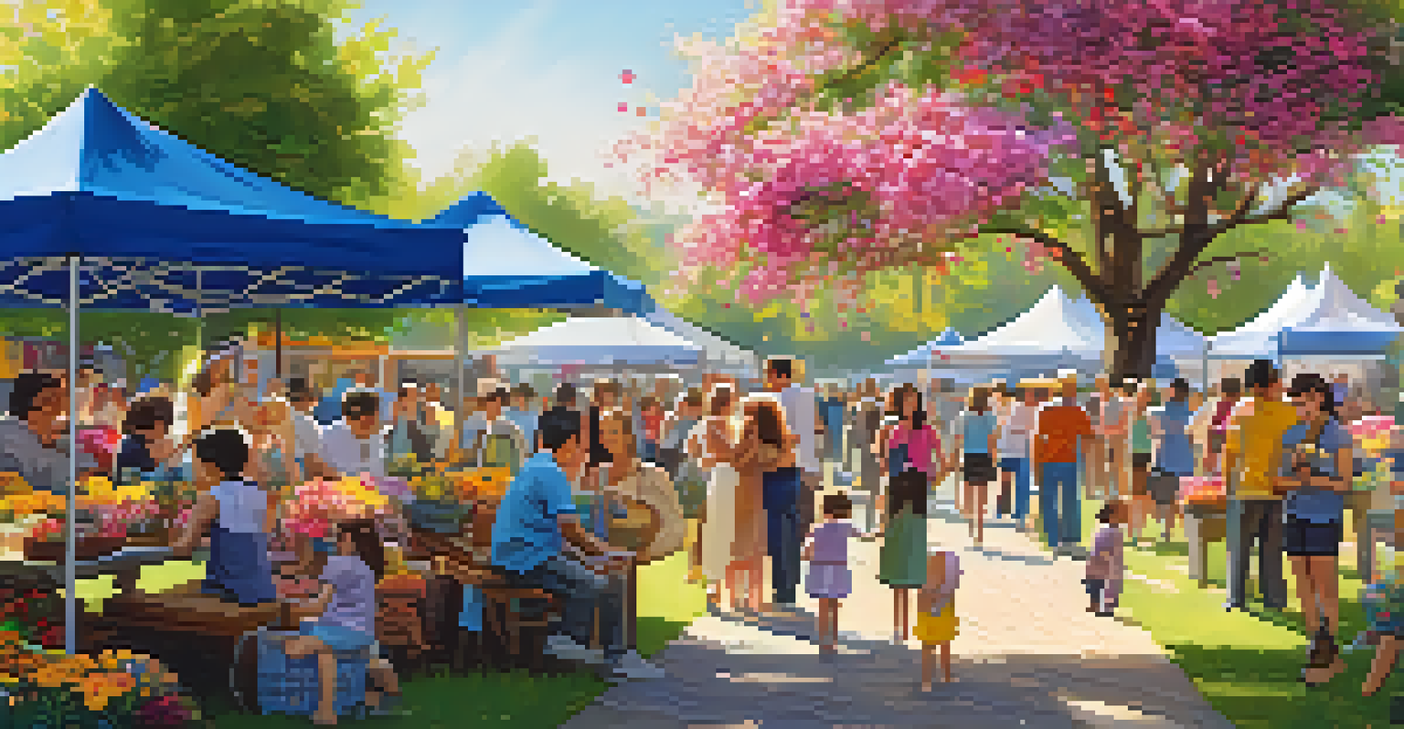 A vibrant outdoor festival in a garden with blooming flowers, featuring people enjoying local crafts and food stalls in a sunny environment.