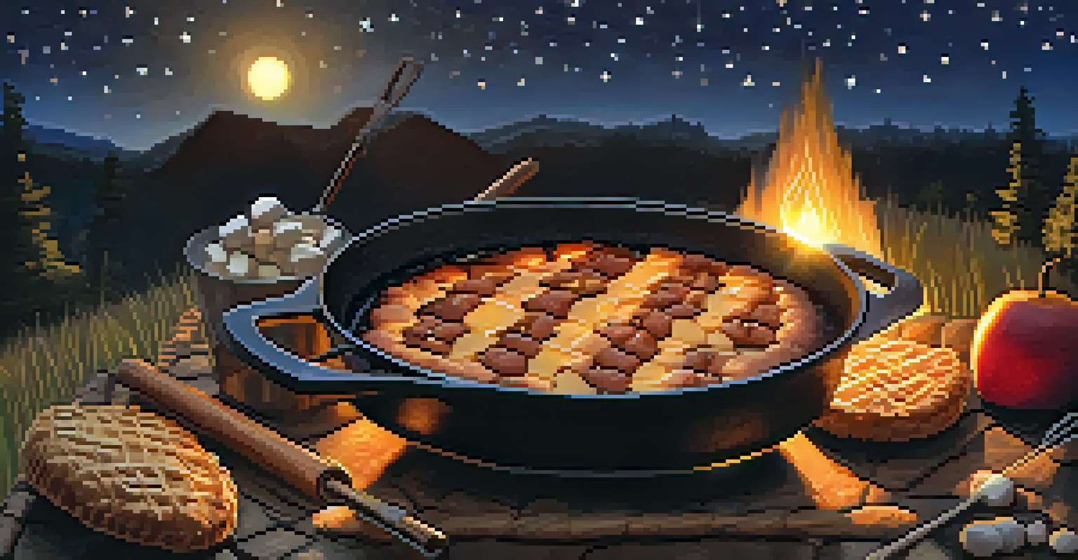 A cast-iron pan with campfire cobbler surrounded by roasting marshmallows and glowing embers under a starry night sky.
