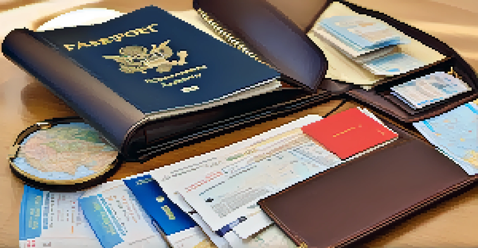 An open travel folder with passport, flight tickets, and souvenirs on a table illuminated by natural light.
