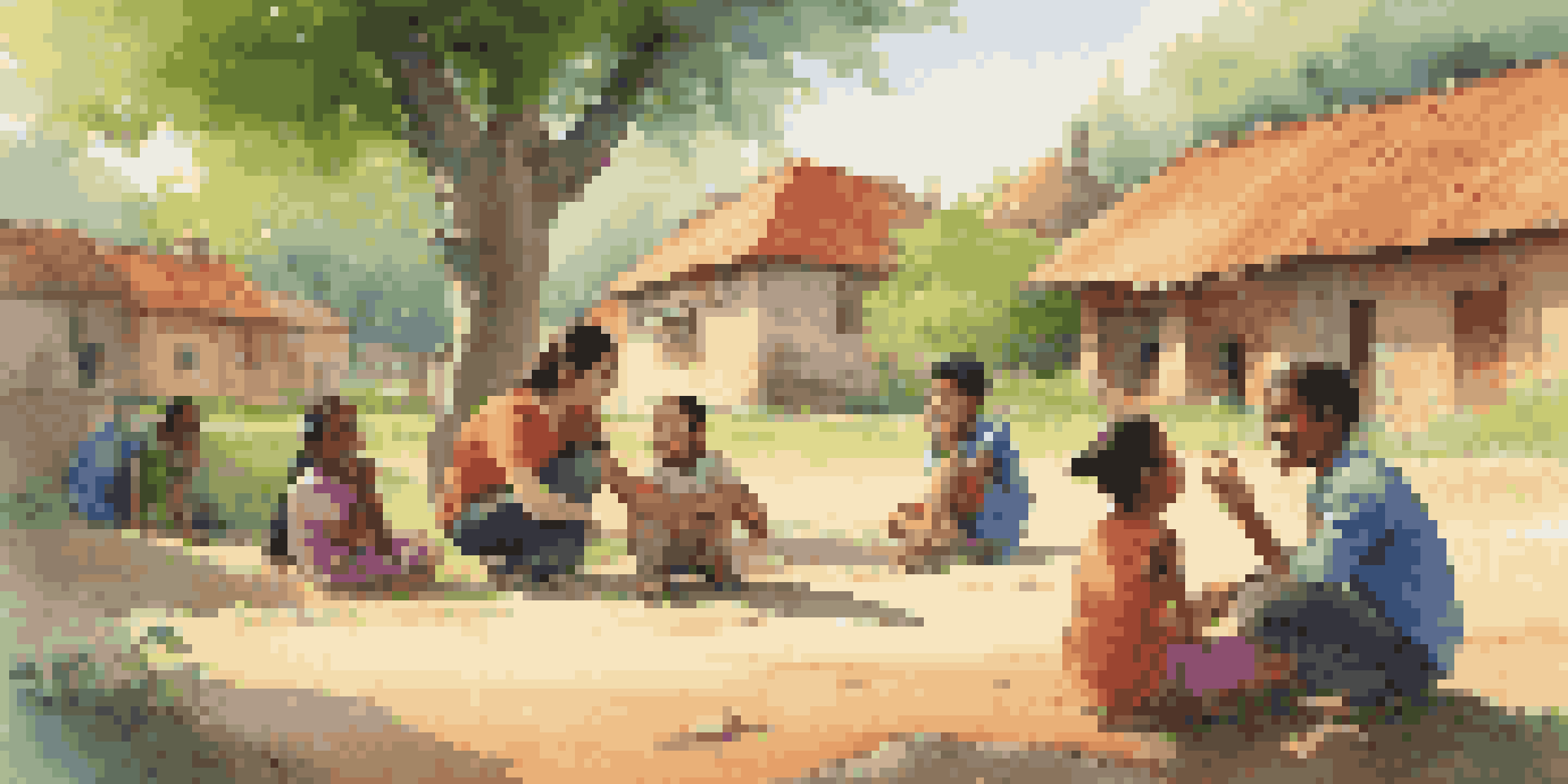 A volunteer engaging with local children in a colorful village, surrounded by greenery, with warm sunlight illuminating the scene.