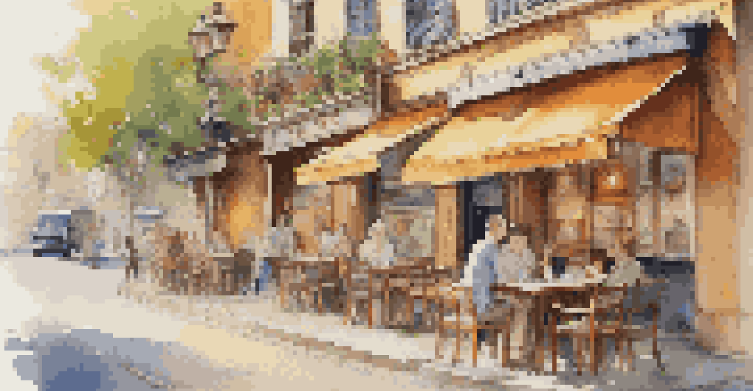 Two people in a café sharing travel stories, surrounded by a lively street view.