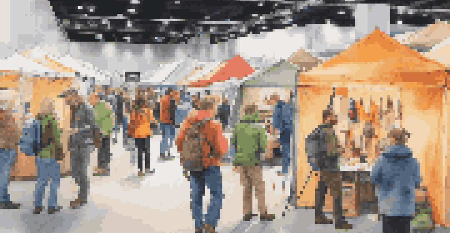 Attendees exploring outdoor gear at the Outdoor Retailer Show in a lively indoor setting with various booths.