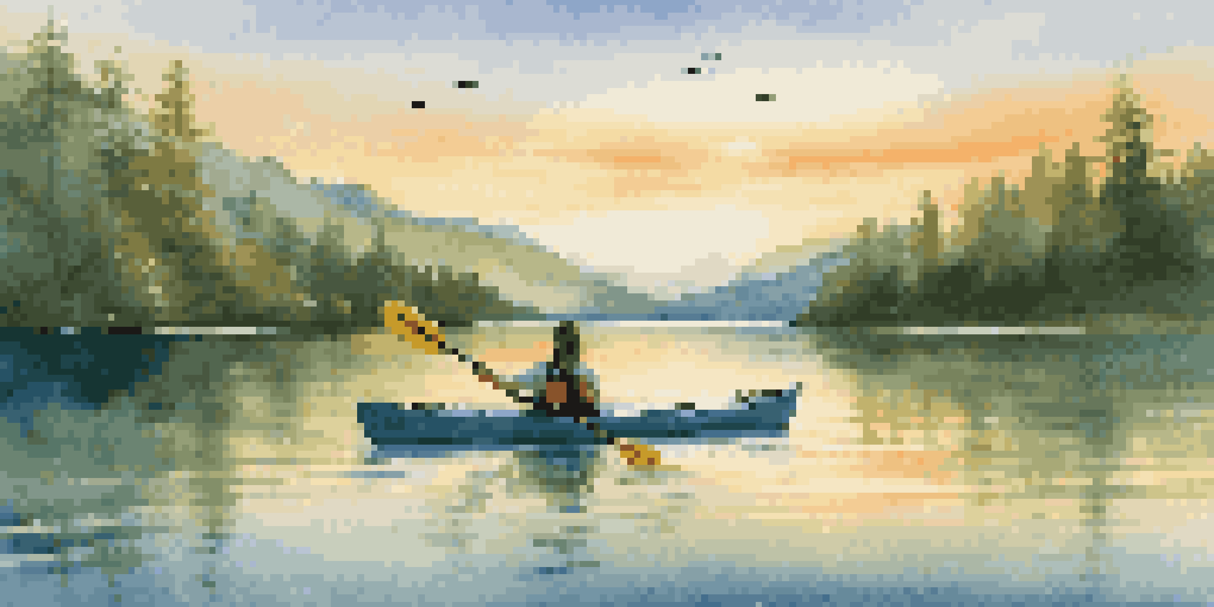 A peaceful kayaking scene on a clear lake, surrounded by trees and mountains, with the sun setting in the background.