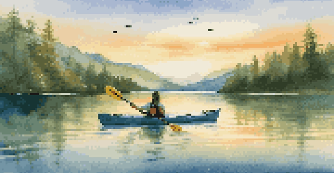 A peaceful kayaking scene on a clear lake, surrounded by trees and mountains, with the sun setting in the background.