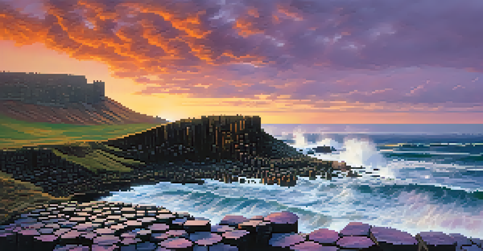 A scenic view of the Giant's Causeway at sunset, highlighting the unique basalt columns and colorful sky.