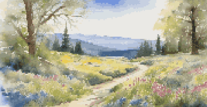 A picturesque view of a national park in spring, filled with colorful wildflowers and a winding trail under a clear blue sky.