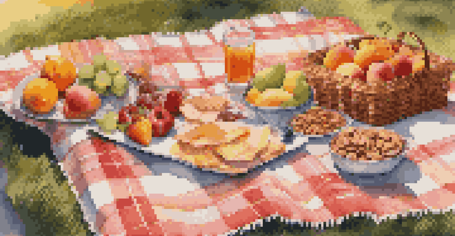 A cheerful outdoor picnic with a variety of safe snacks and meals arranged on a checkered blanket in the grass.