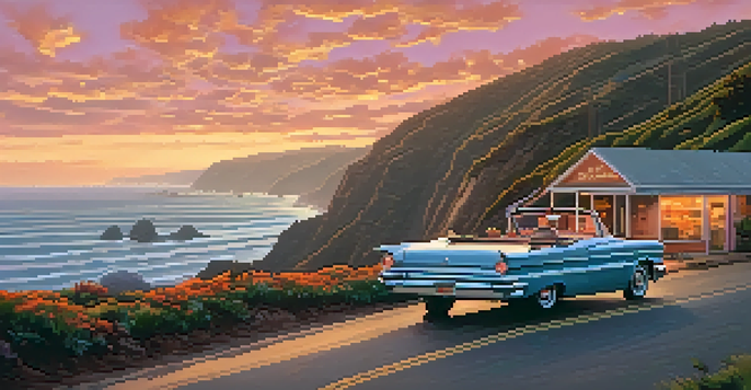 A beautiful sunset view of the Pacific Coast Highway with cliffs and ocean, featuring a vintage car parked by the roadside.