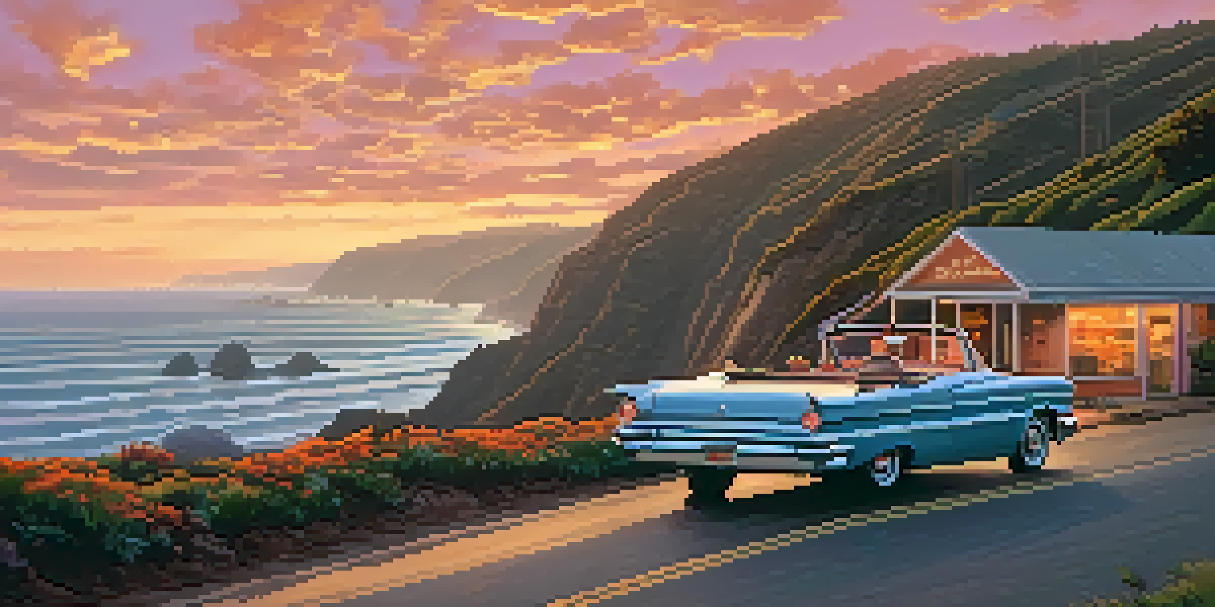 A beautiful sunset view of the Pacific Coast Highway with cliffs and ocean, featuring a vintage car parked by the roadside.