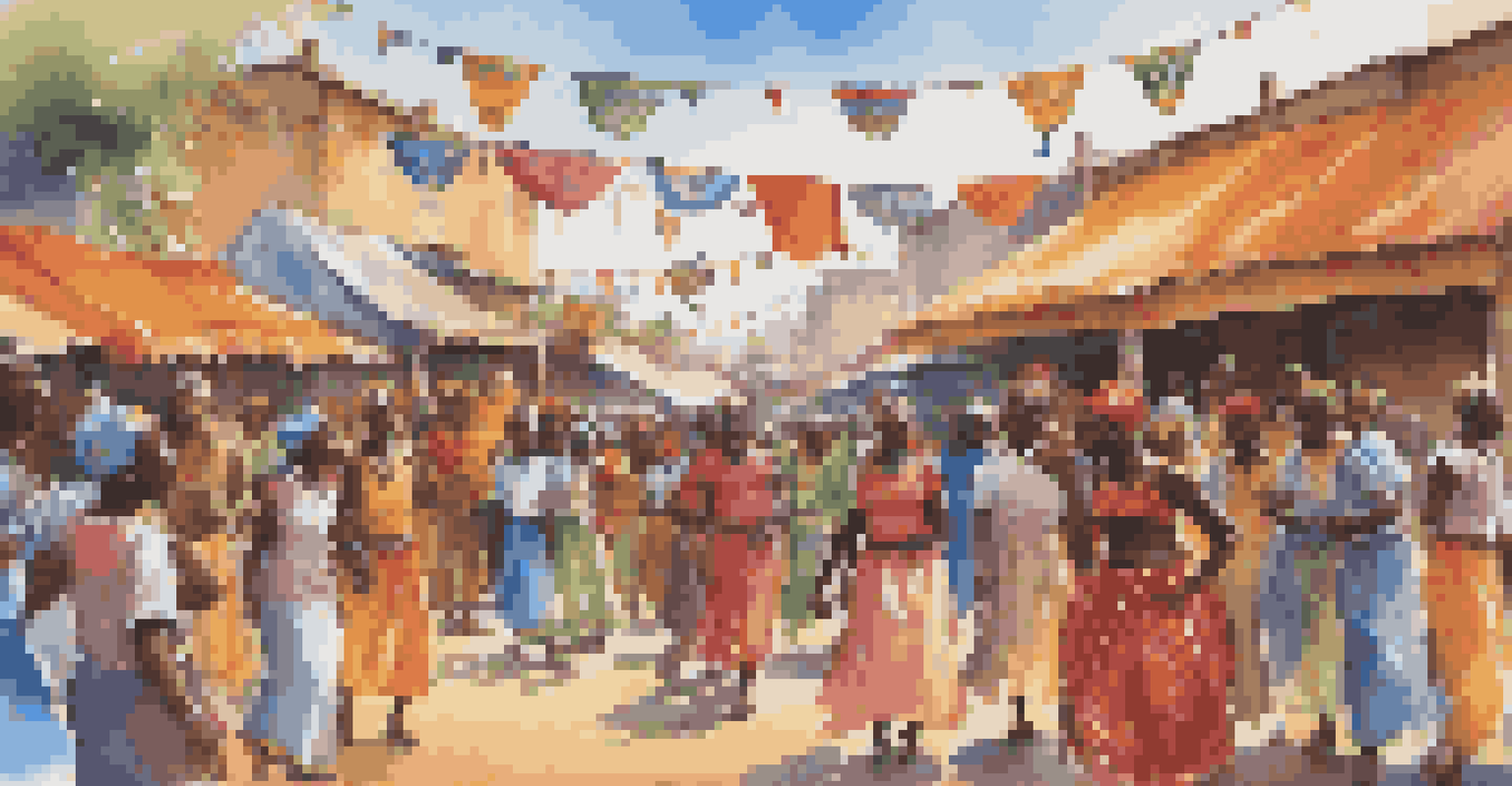 A lively local festival in Africa with people dancing in traditional attire and colorful market stalls.