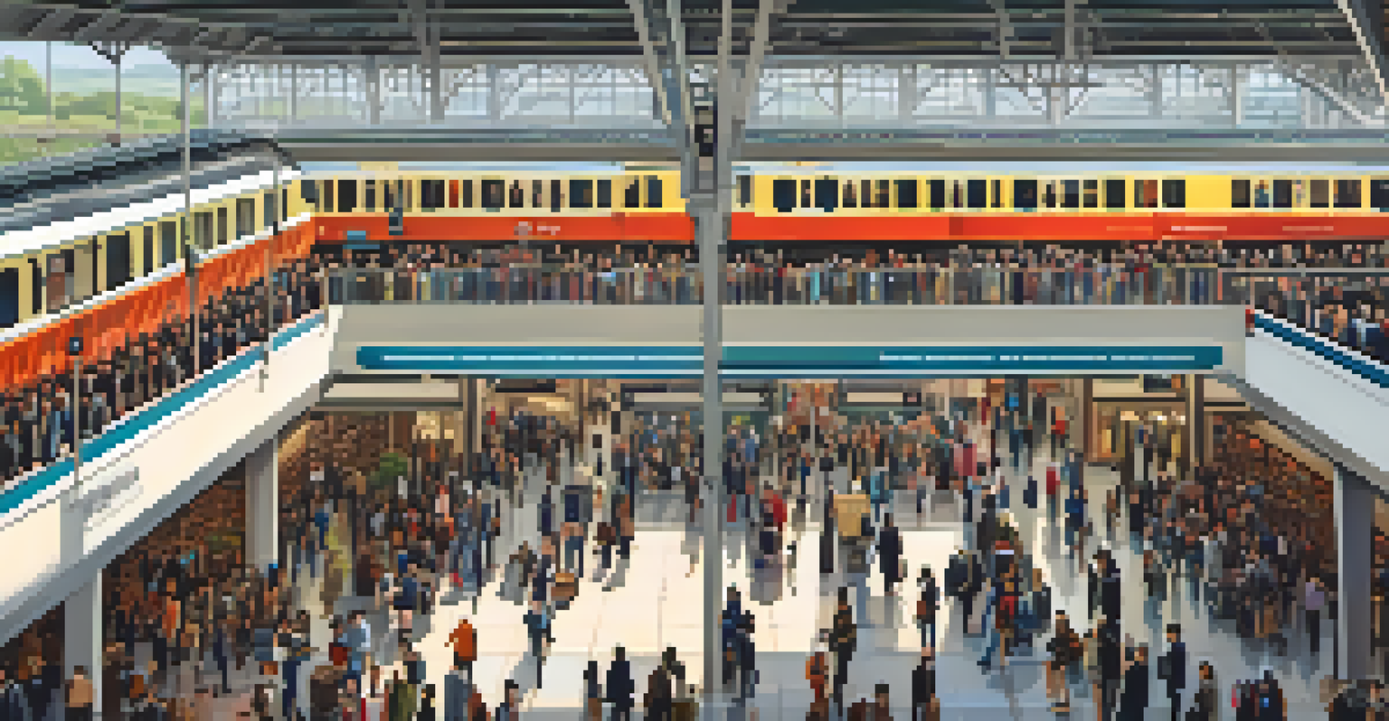 A lively train station filled with travelers, showcasing a bright and modern architectural design.