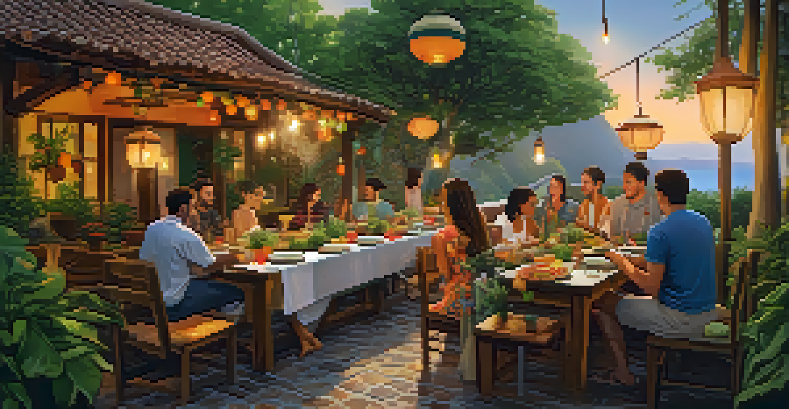 A wooden table with colorful plant-based dishes in an outdoor dining setting, with travelers enjoying their meal together.