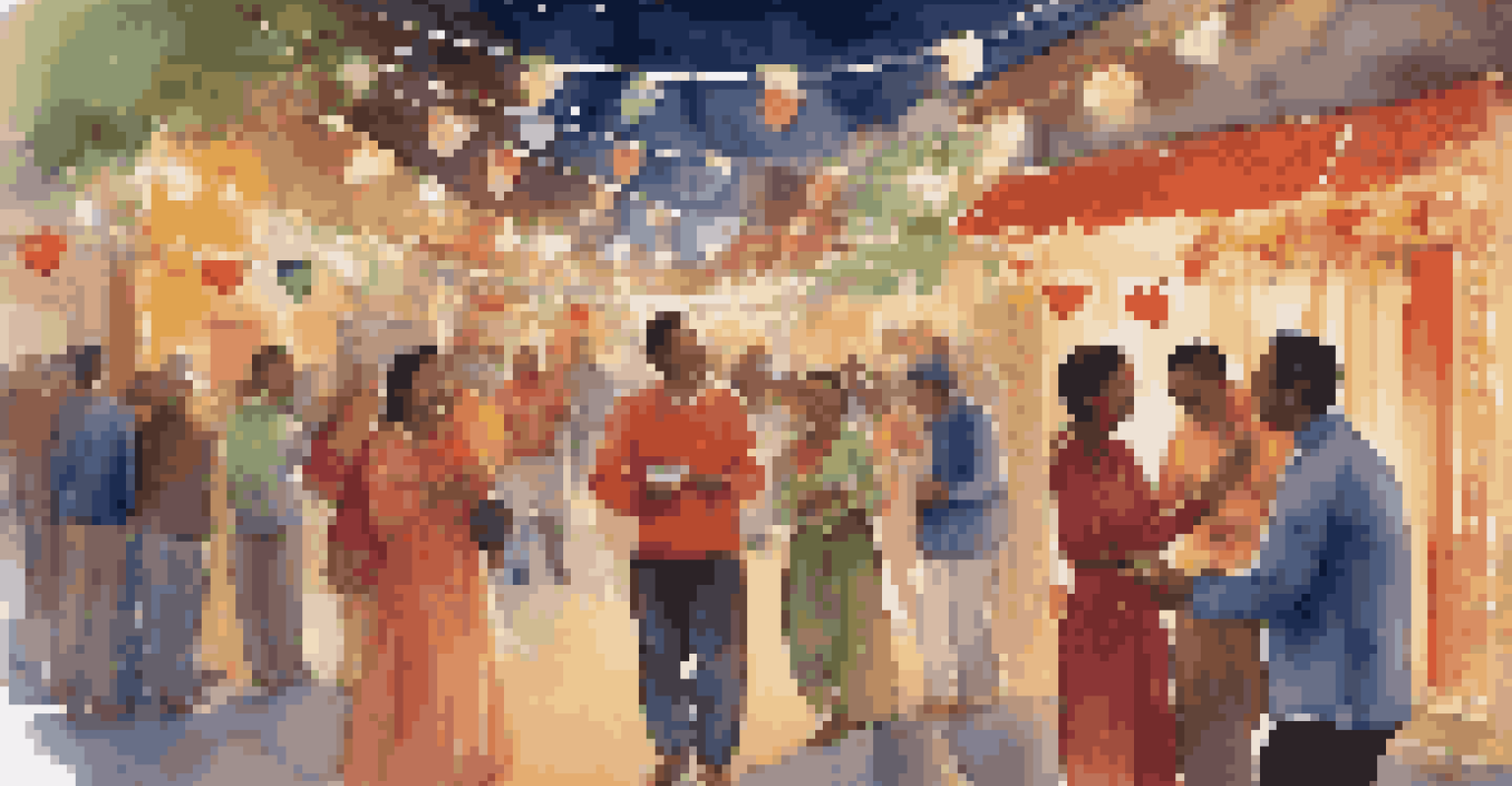 Couples exchanging gifts and showing affection at a vibrant cultural festival filled with decorations and lights.