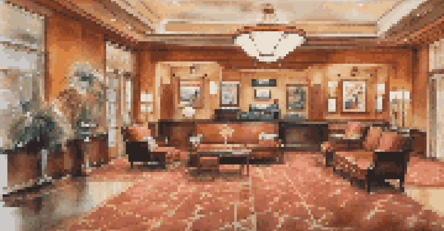 A hotel lobby decorated with sports memorabilia, featuring jerseys and signed balls.