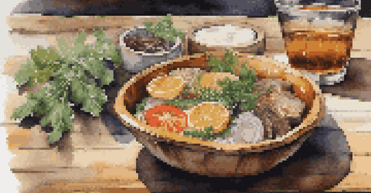 A close-up image of a traditional dish on a wooden table, showcasing colorful ingredients and garnishes in warm light.