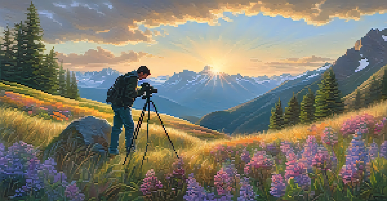 A photographer setting up a camera on a tripod, capturing a mountain landscape during golden hour with wildflowers in the foreground.