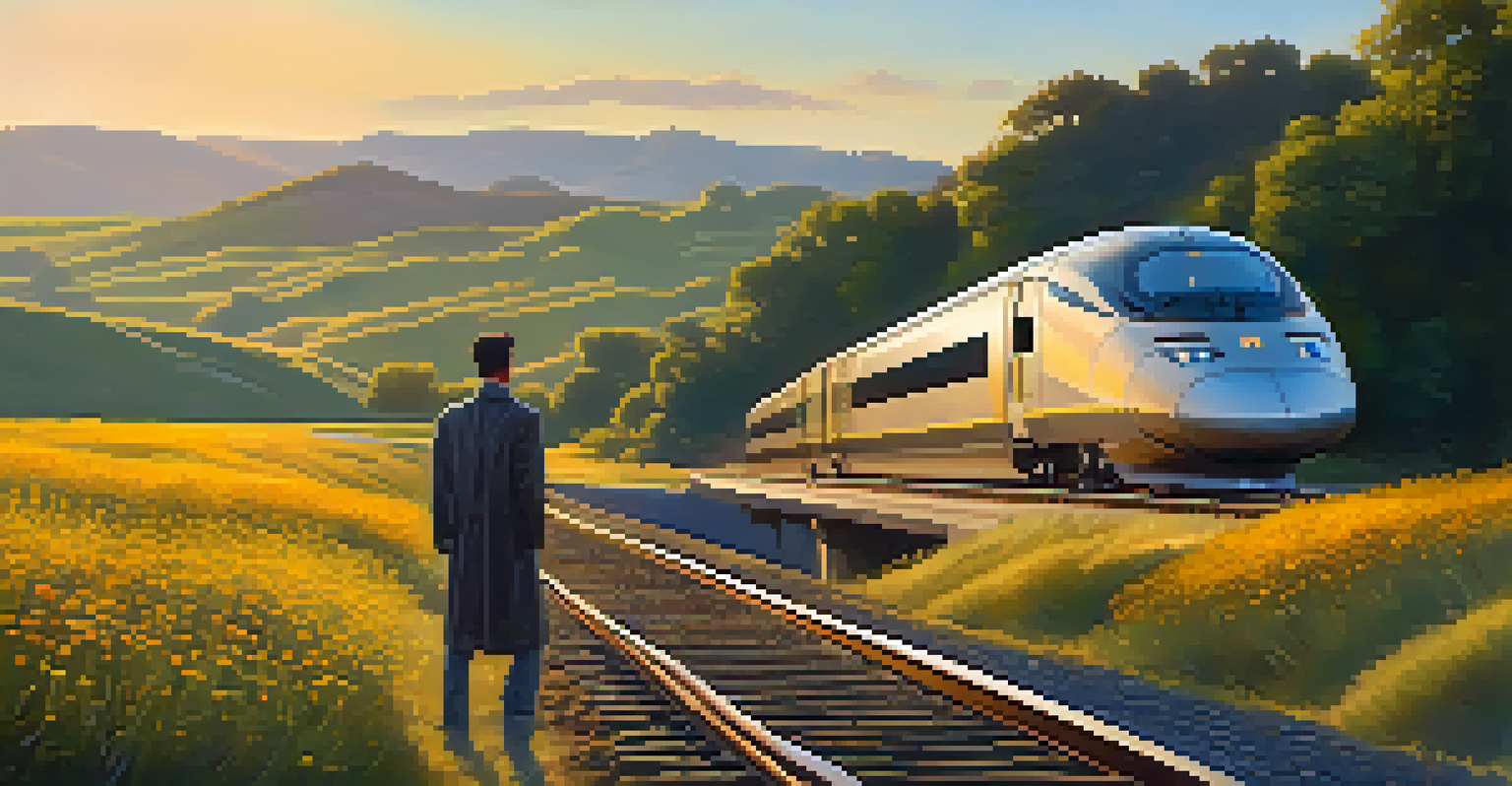 A sleek high-speed train in a scenic landscape, with a traveler standing nearby, illuminated by warm golden hour sunlight.