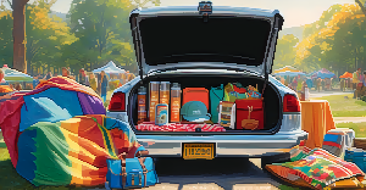 A close-up of a car trunk packed with camping gear and snacks, with sunlight illuminating the items and a festival map on top, people blurred in the background.