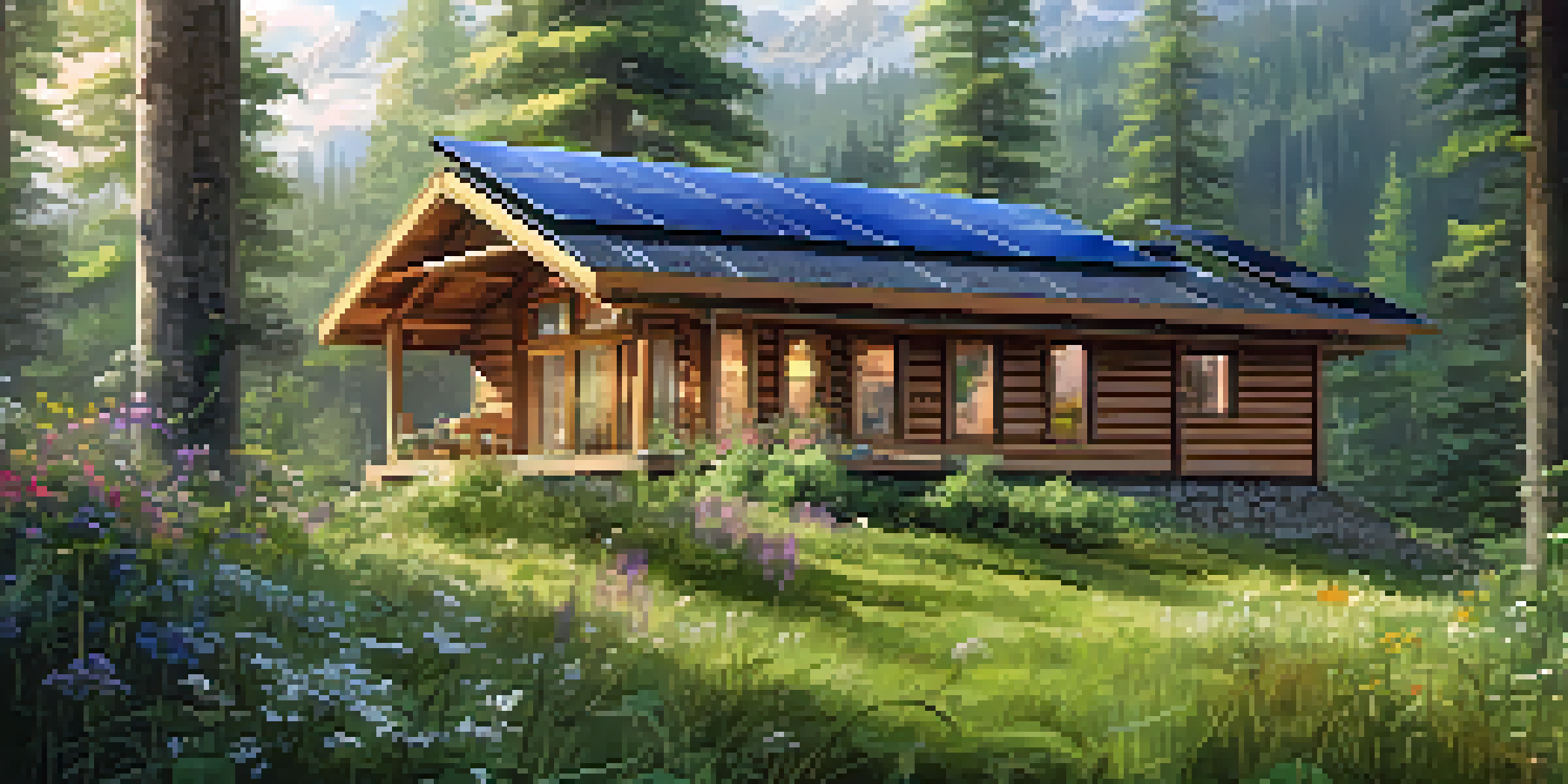 A wooden cabin in a green forest, with solar panels on the roof, surrounded by wildflowers and trees, under soft sunlight.