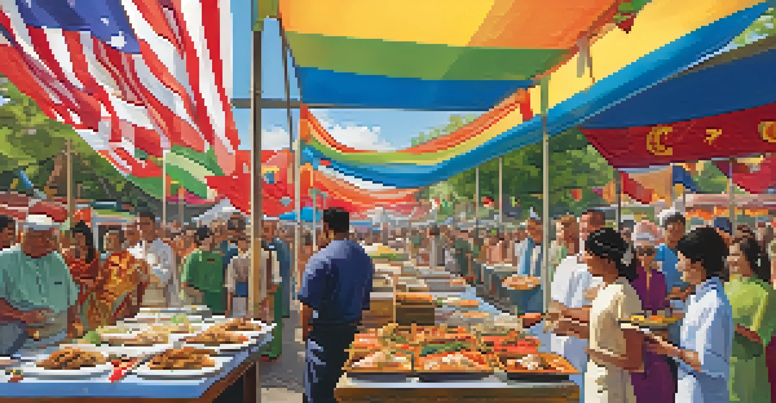 A multicultural food festival with a chef demonstrating cooking, surrounded by attendees and colorful cultural decorations.