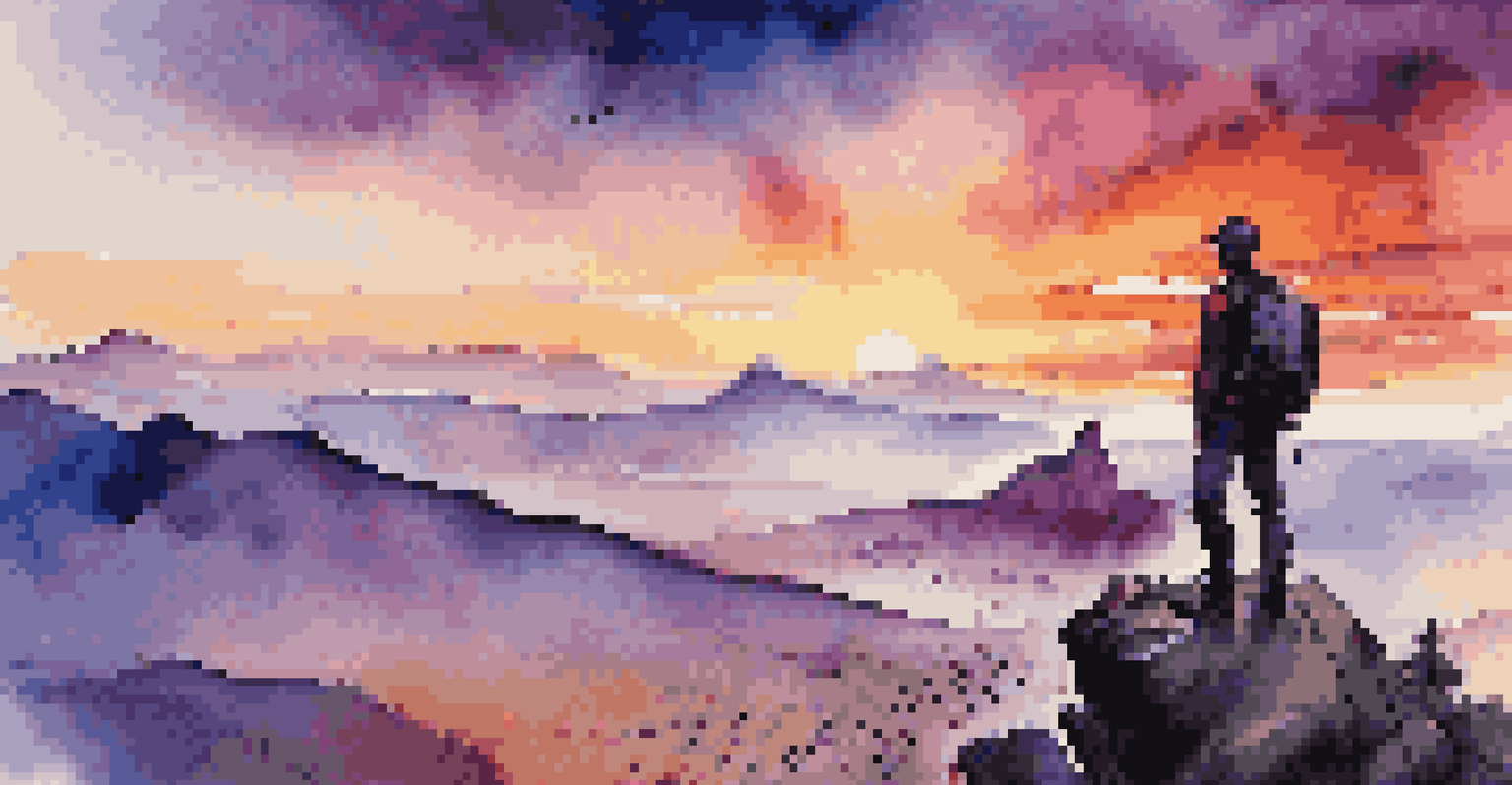 A traveler silhouetted against a stunning sunset from a mountain overlook, capturing the beauty of nature.
