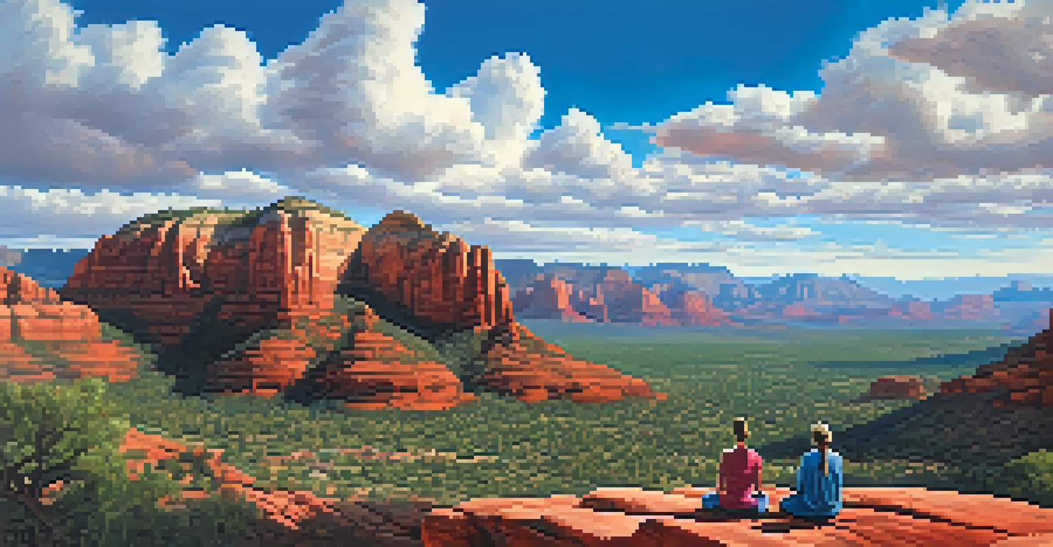 An aerial view of Sedona, Arizona, featuring red rock formations and people meditating near a vortex site under a clear blue sky.