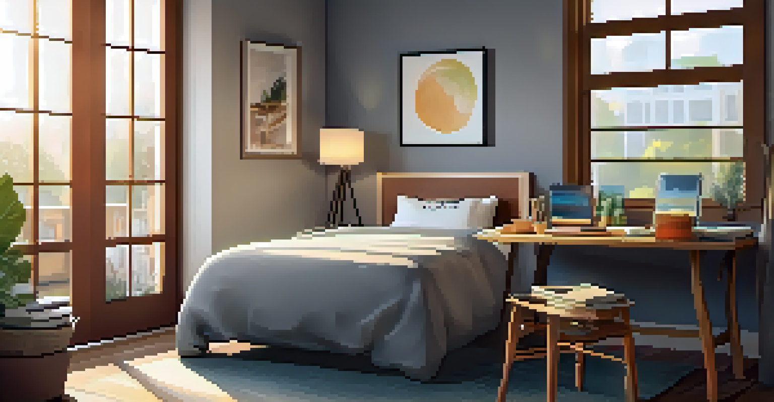 A hotel room with a workspace, yoga mat, and sneakers, highlighting the balance between work and relaxation.