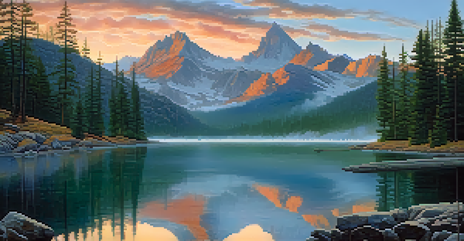 A calm mountain scene at dawn with mist in the valleys, illuminated peaks, and a reflective lake surrounded by pine trees.