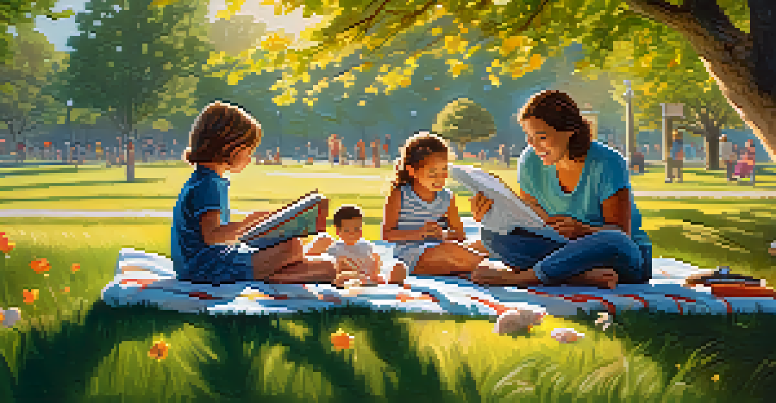 A parent reading a bedtime story to a child on a picnic blanket in a sunny park filled with vibrant flowers.