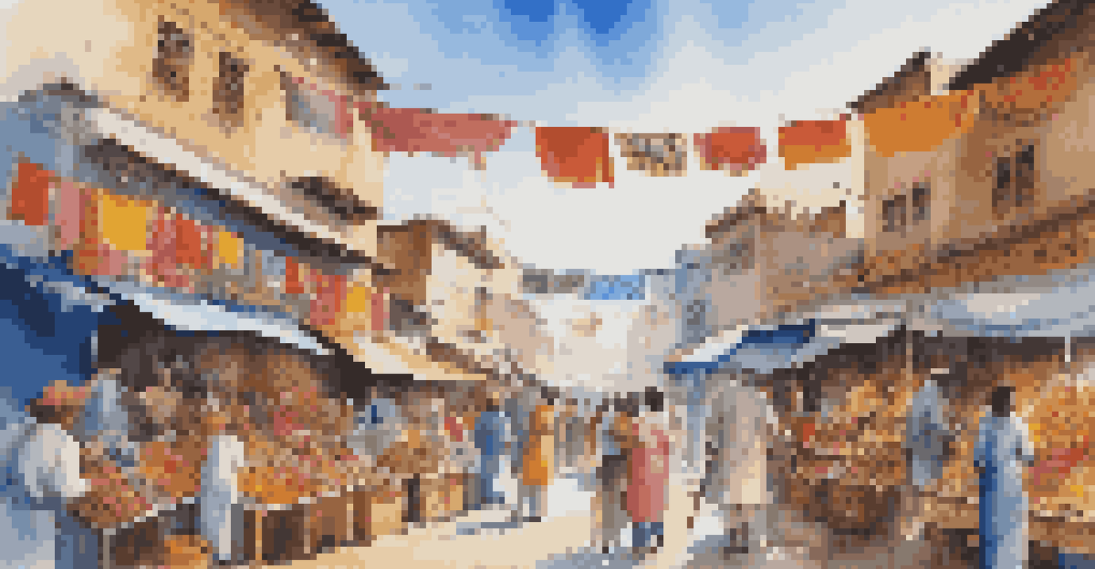 A vibrant market scene with diverse cultural stalls and people interacting, showcasing handicrafts and foods.