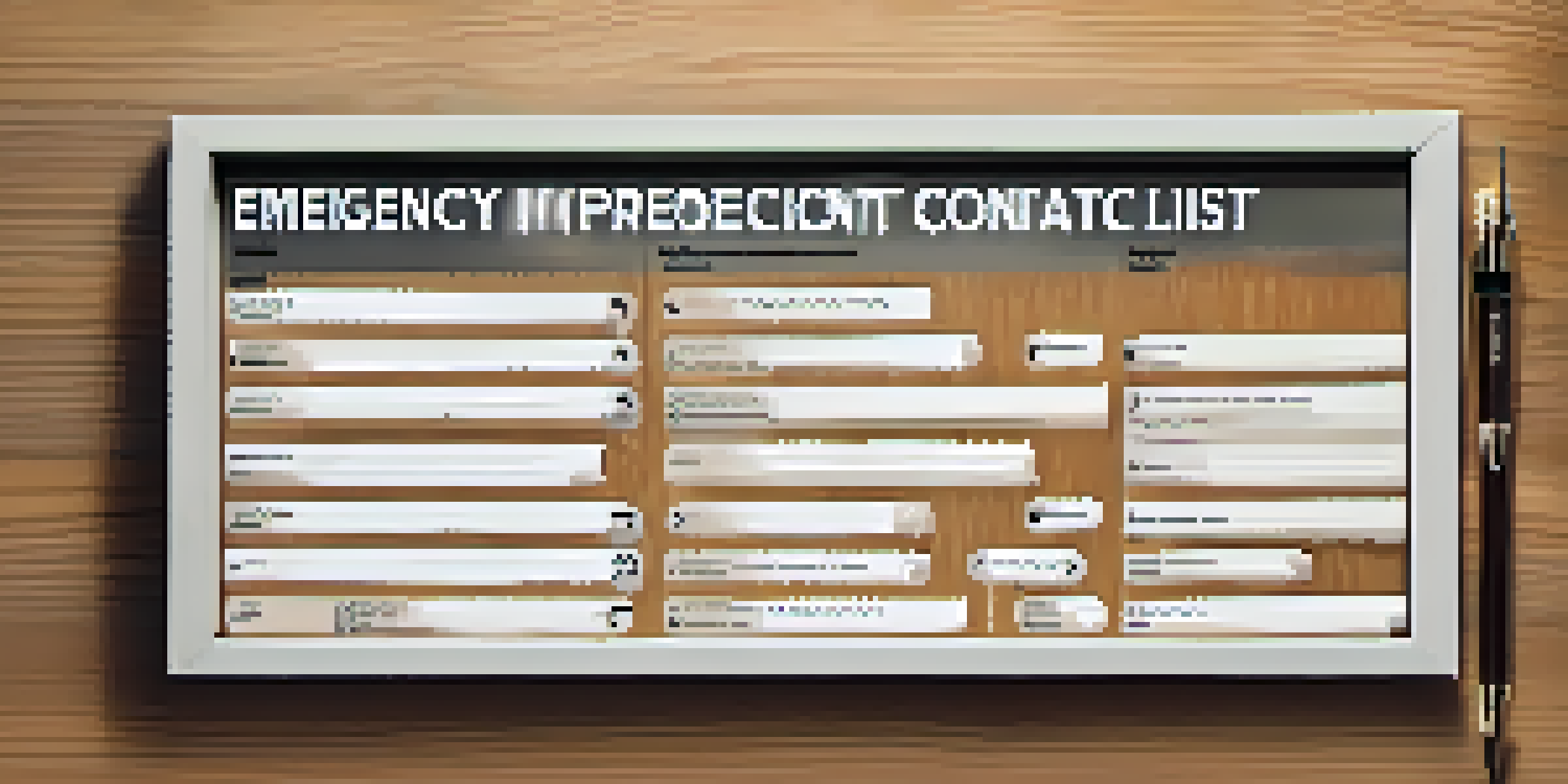 An emergency contact list on a wooden table with names and phone numbers, illuminated by natural light, alongside a smartphone.