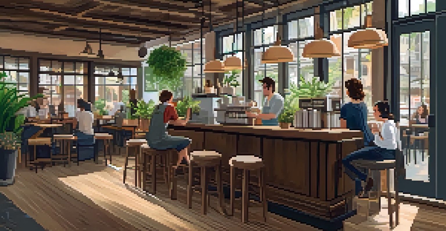 A cozy coffee shop interior filled with natural light, featuring wooden furniture and customers enjoying their drinks.