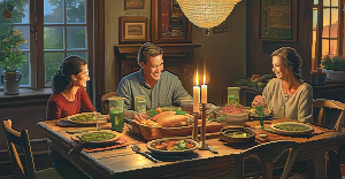 A rustic dining table in a cozy home with traditional dishes and a smiling family in the background.