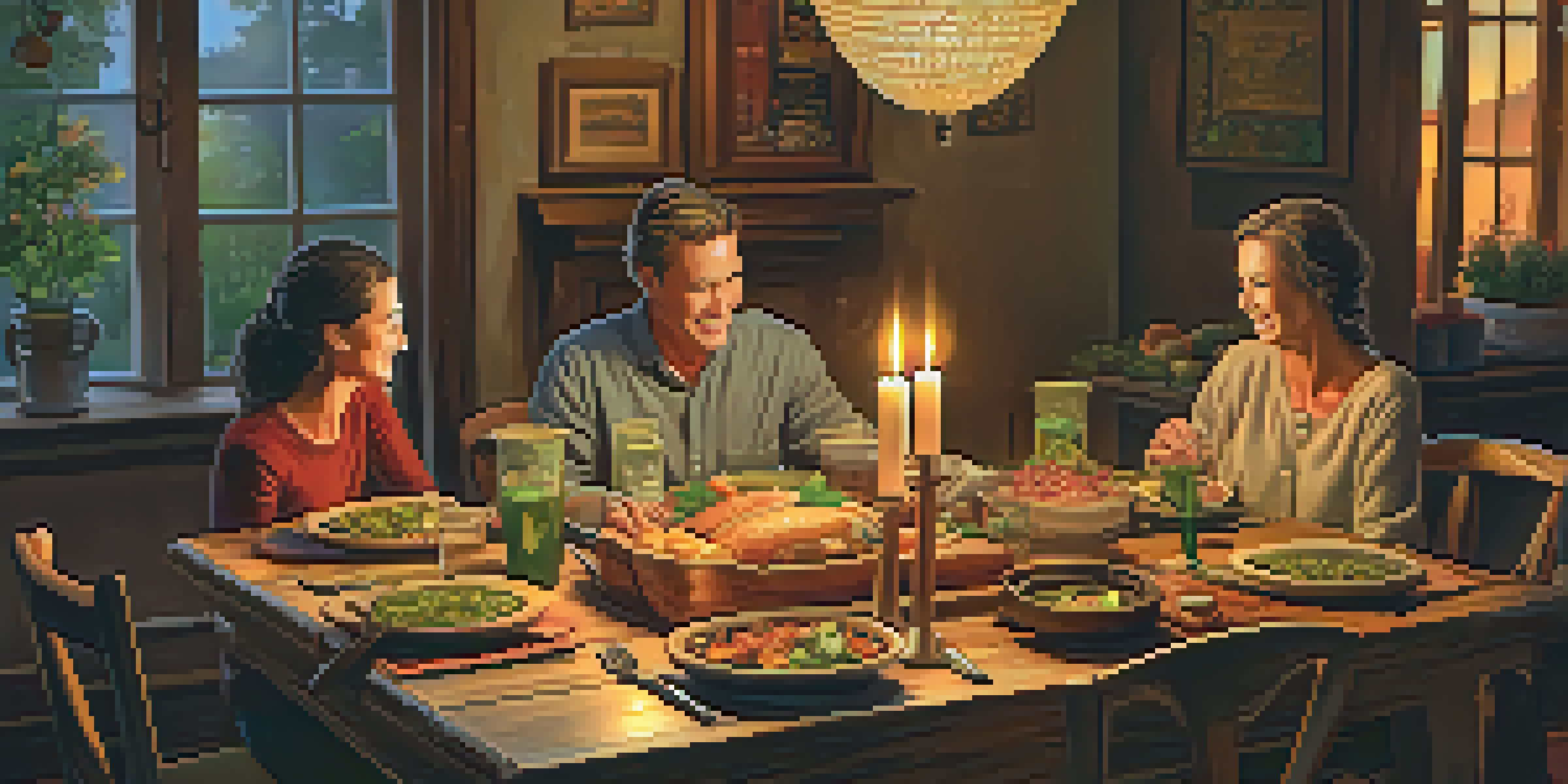 A rustic dining table in a cozy home with traditional dishes and a smiling family in the background.