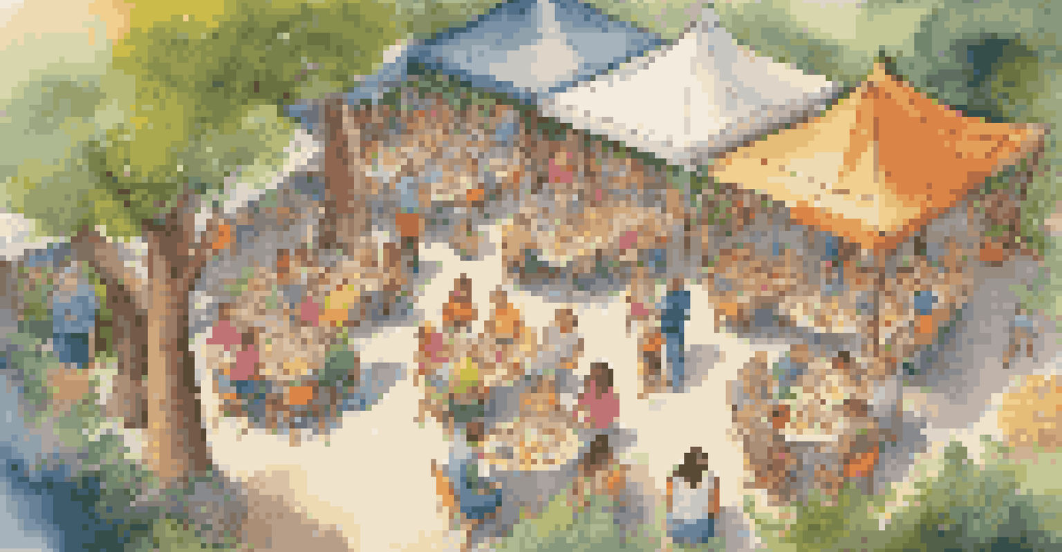 An aerial view of a family reunion with different activity stations, families engaged in fun activities under the trees.