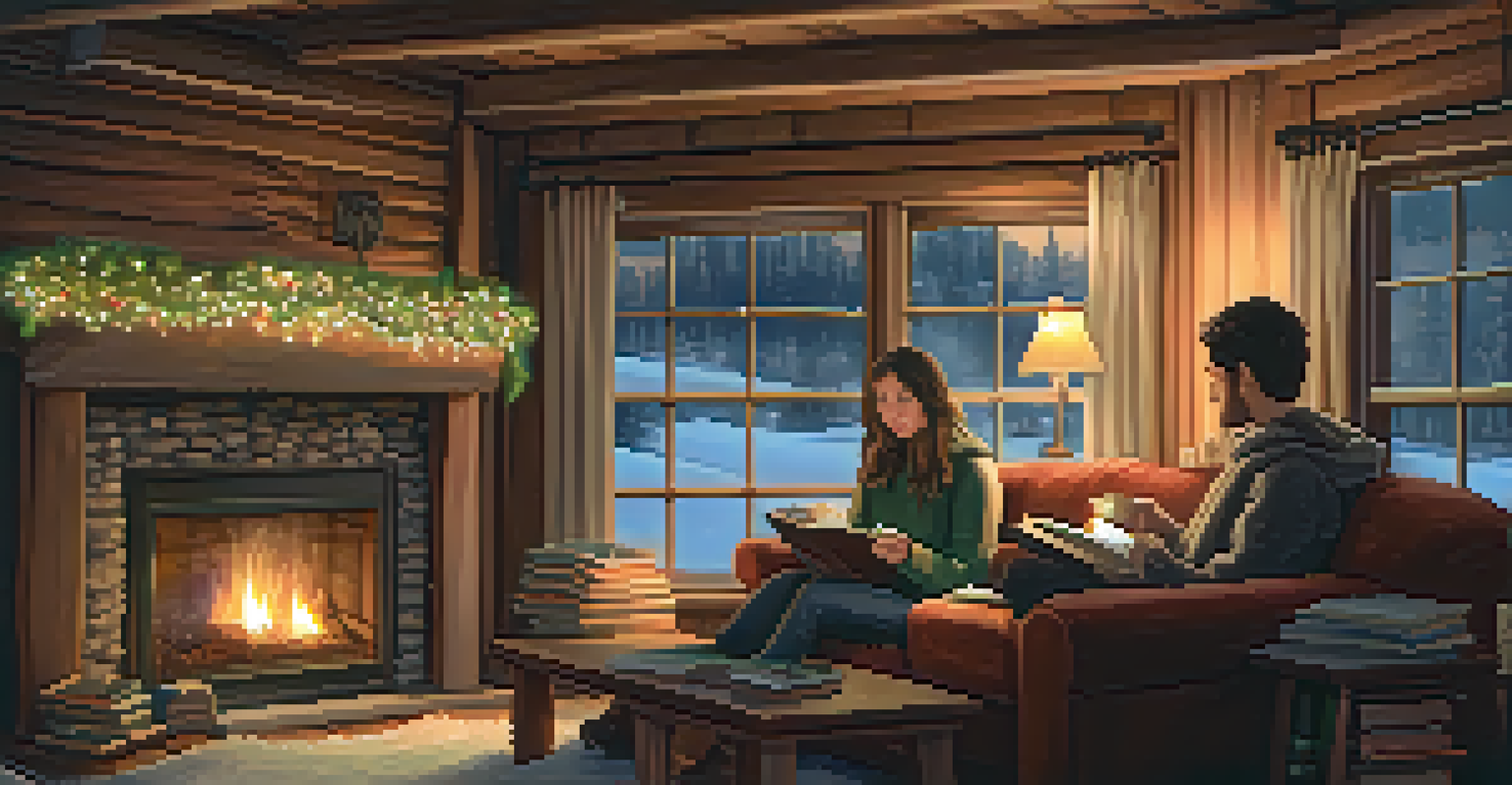 A couple inside a cozy cabin by the fireplace with snow falling outside.