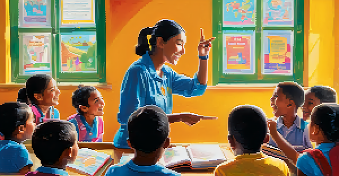 A volunteer is teaching English to children in a colorful classroom, with sunlight streaming through windows and cheerful expressions on the children's faces.