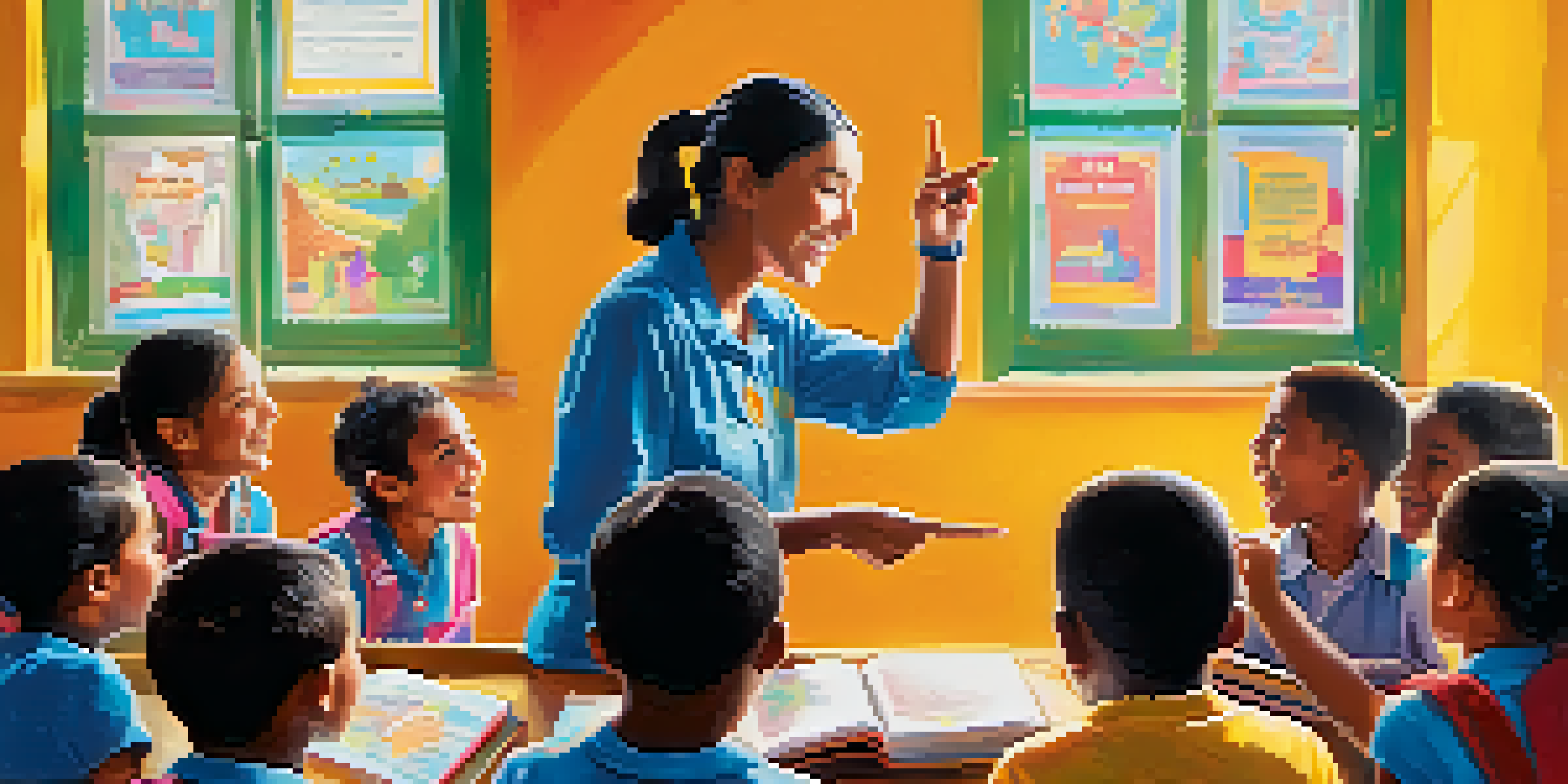 A volunteer is teaching English to children in a colorful classroom, with sunlight streaming through windows and cheerful expressions on the children's faces.