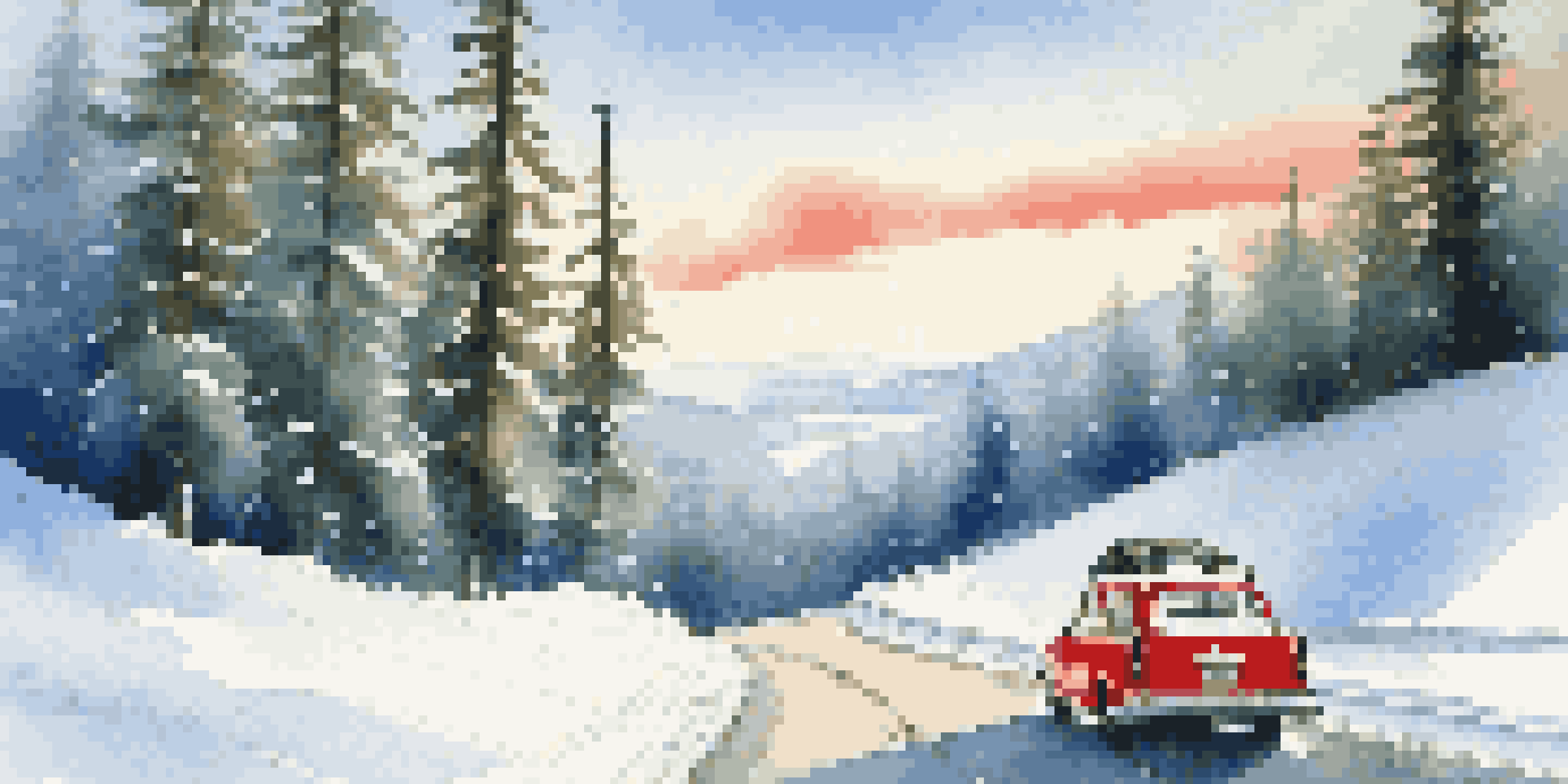 A winter landscape with a snowy road and evergreen trees, featuring a red car driving cautiously.