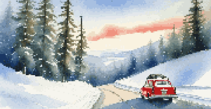 A winter landscape with a snowy road and evergreen trees, featuring a red car driving cautiously.