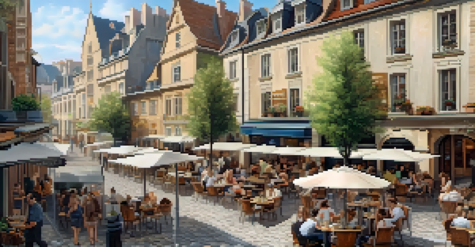 An aerial view of a charming European city with cobblestone streets, historic buildings, and outdoor cafes.