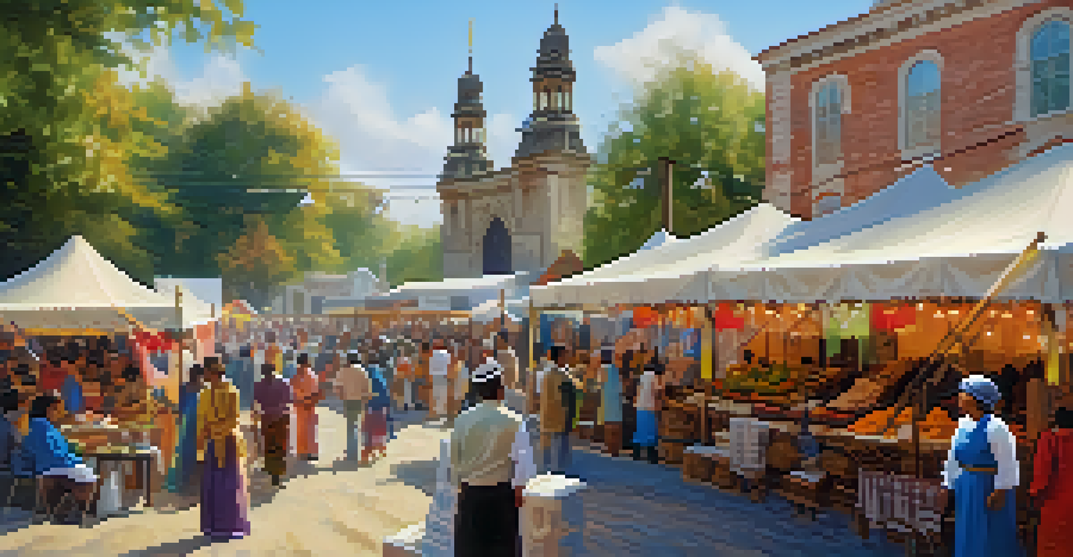A lively community festival in front of a historic landmark, with colorful stalls, residents in traditional attire, and warm sunlight creating a welcoming atmosphere.